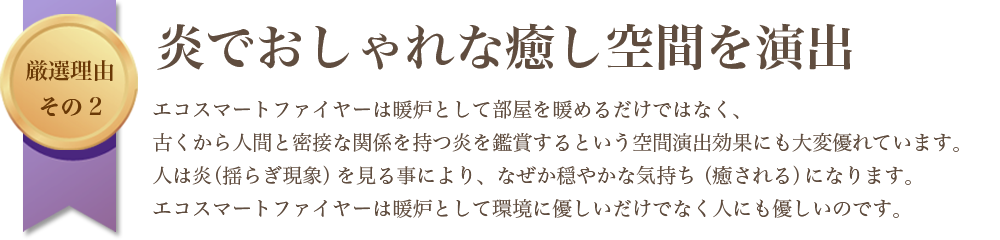 厳選理由その2|炎でおしゃれな癒し空間を演出|エコスマートファイヤーは暖炉として部屋を暖めるだけではなく、古くから人間と密接な関係を持つ炎を鑑賞するという空間演出効果にも大変優れています。人は炎(揺らぎ現象)を見る事により、なぜか穏やかな気持ち(癒される)になります。エコスマートファイヤーは暖炉として環境に優しいだけでなく人にも優しいのです。